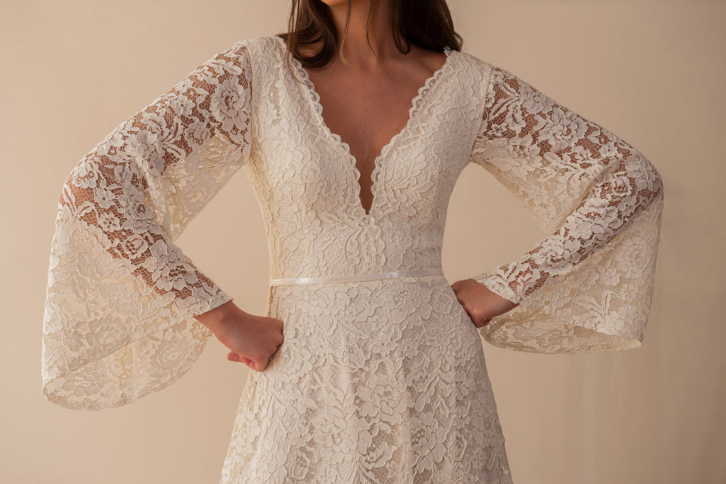 Pearl Gown — flutter sleeve vintage lace boho wedding dress, made to measure by Lace & Love (view 3)