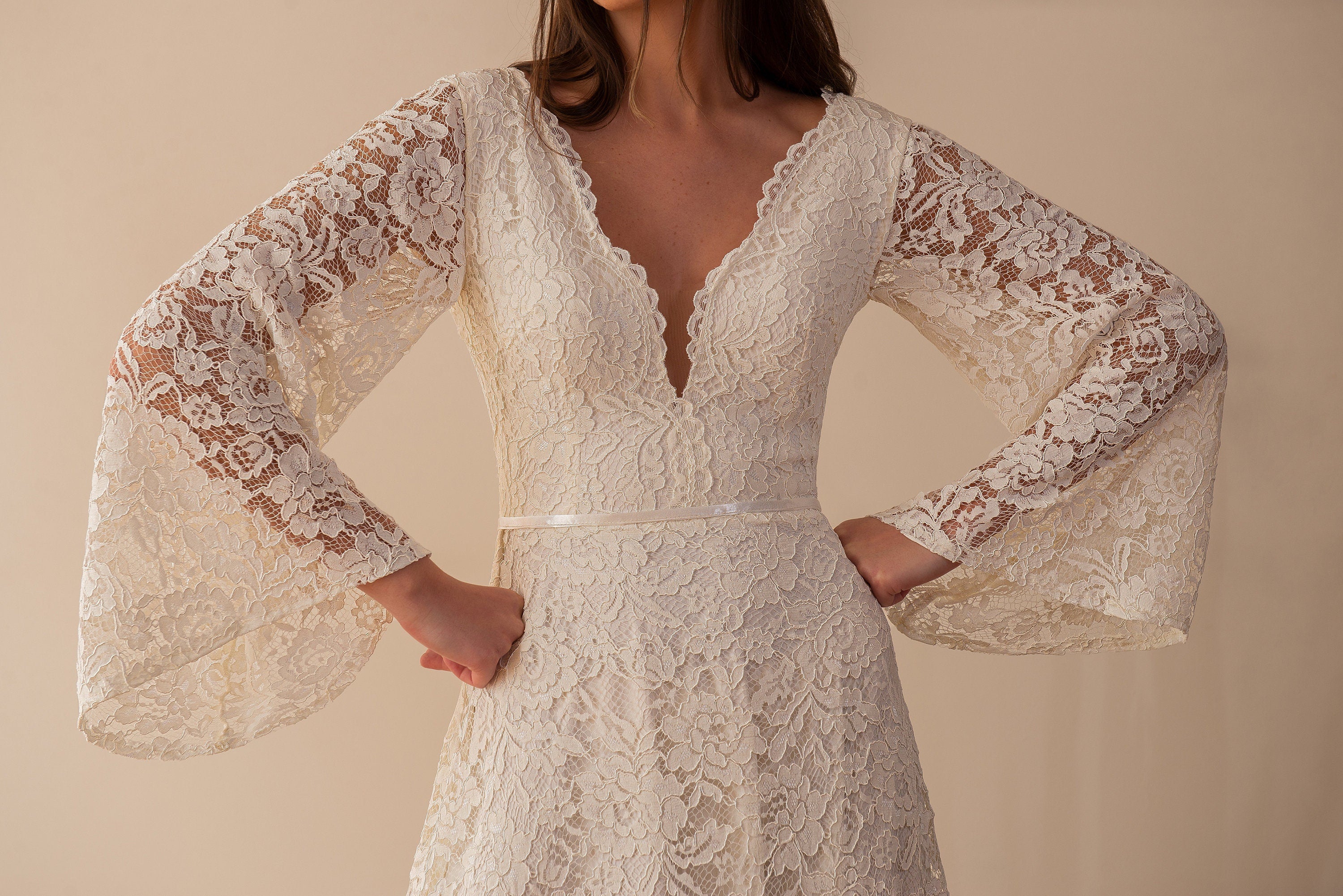 Pearl Gown — flutter sleeve vintage lace boho wedding dress, made to measure by Lace & Love (view 3)