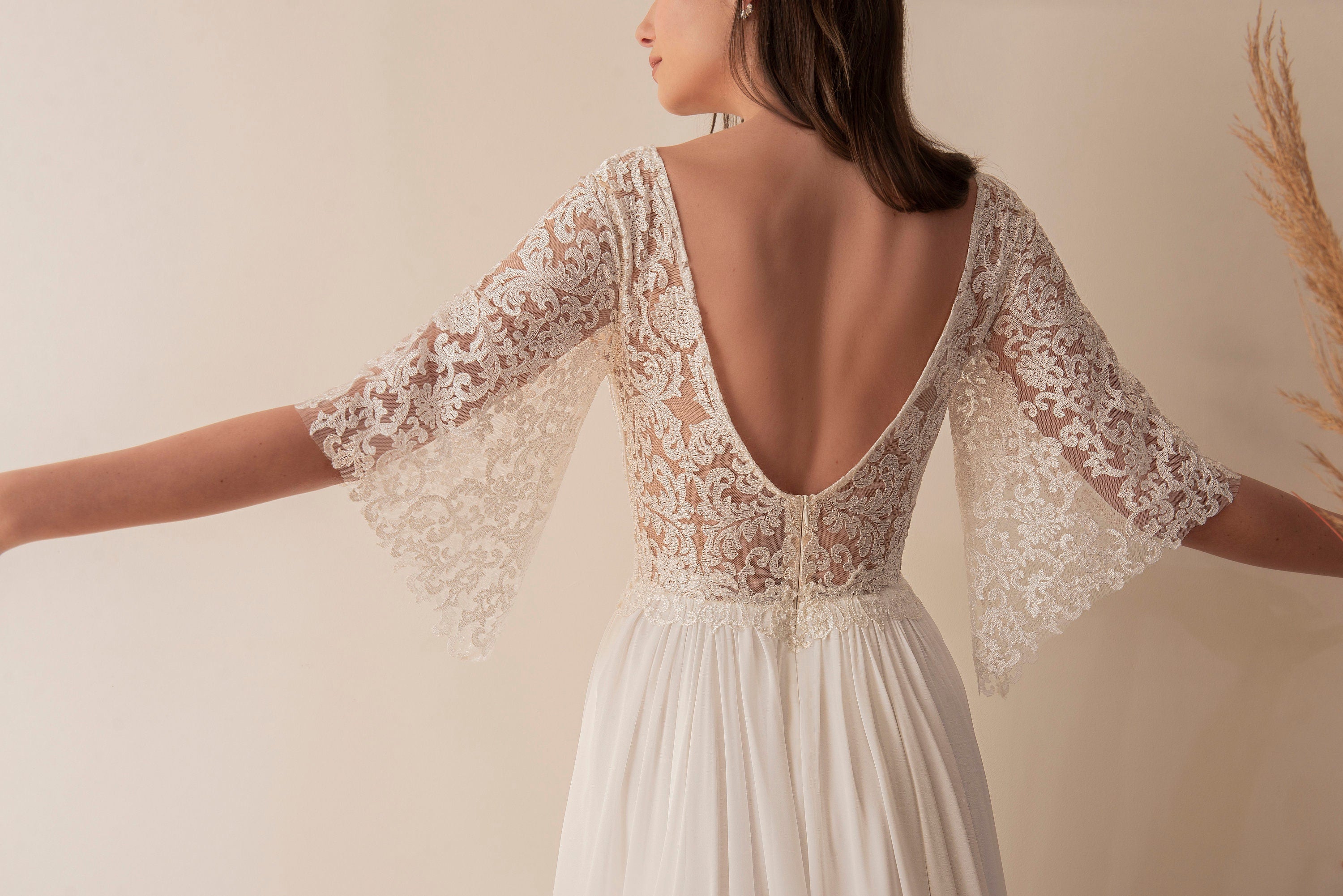 Mira Gown — flutter sleeve vintage lace boho wedding dress, made to measure by Lace & Love (view 6)