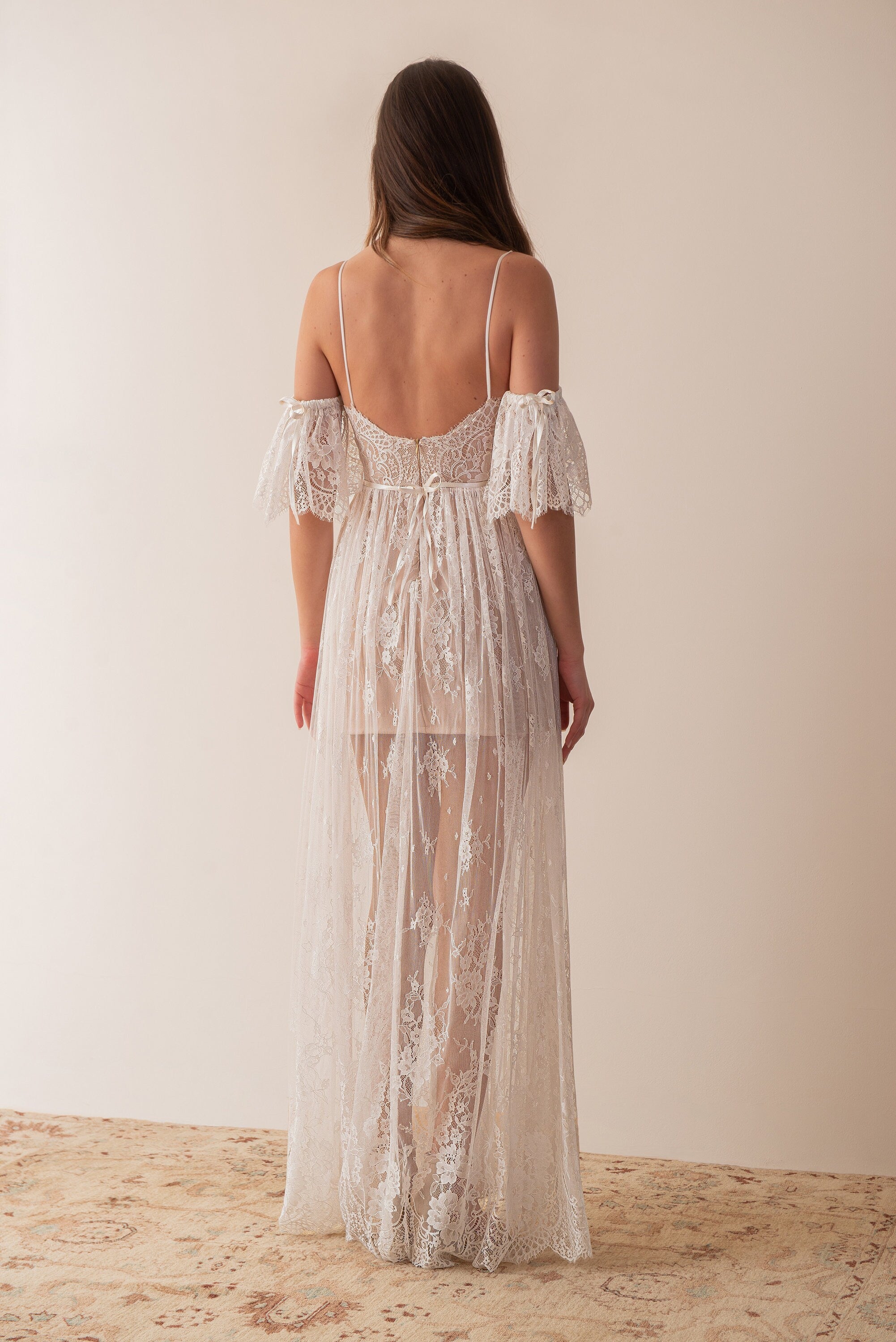 Iris Gown — short sleeve vintage lace boho wedding dress, made to measure by Lace & Love (view 5)