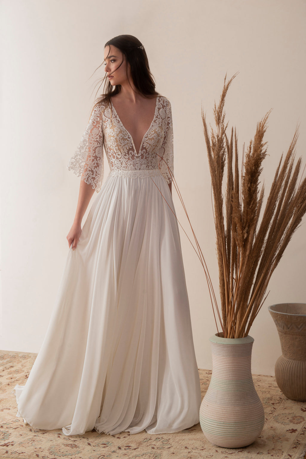 Mira Gown — flutter sleeve vintage lace boho wedding dress, made to measure by Lace & Love (view 3)