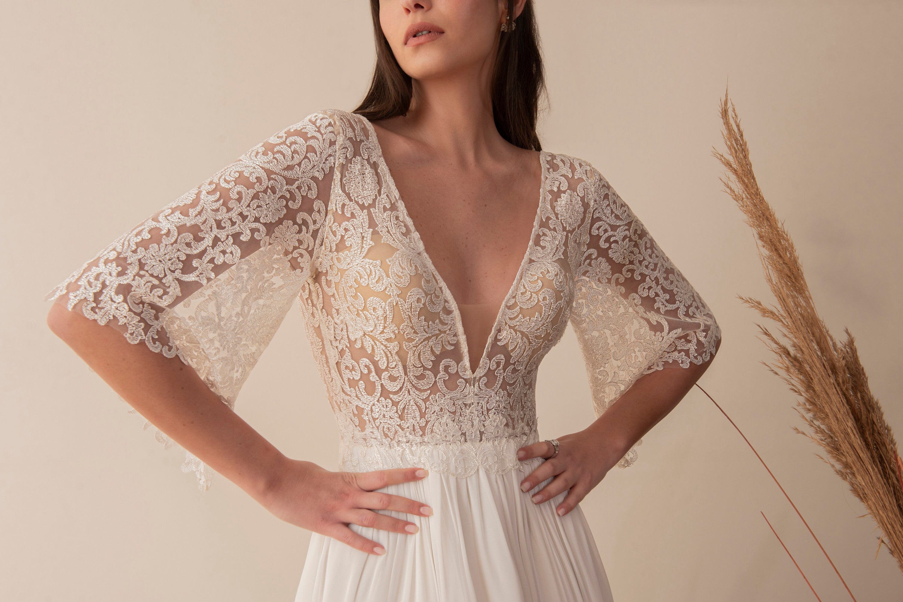 Mira Gown — flutter sleeve vintage lace boho wedding dress, made to measure by Lace & Love (view 2)