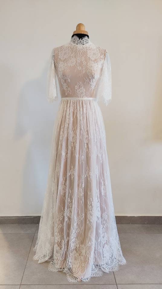 Astrid Gown — flutter sleeve vintage lace boho wedding dress, made to measure by Lace & Love (view 3)