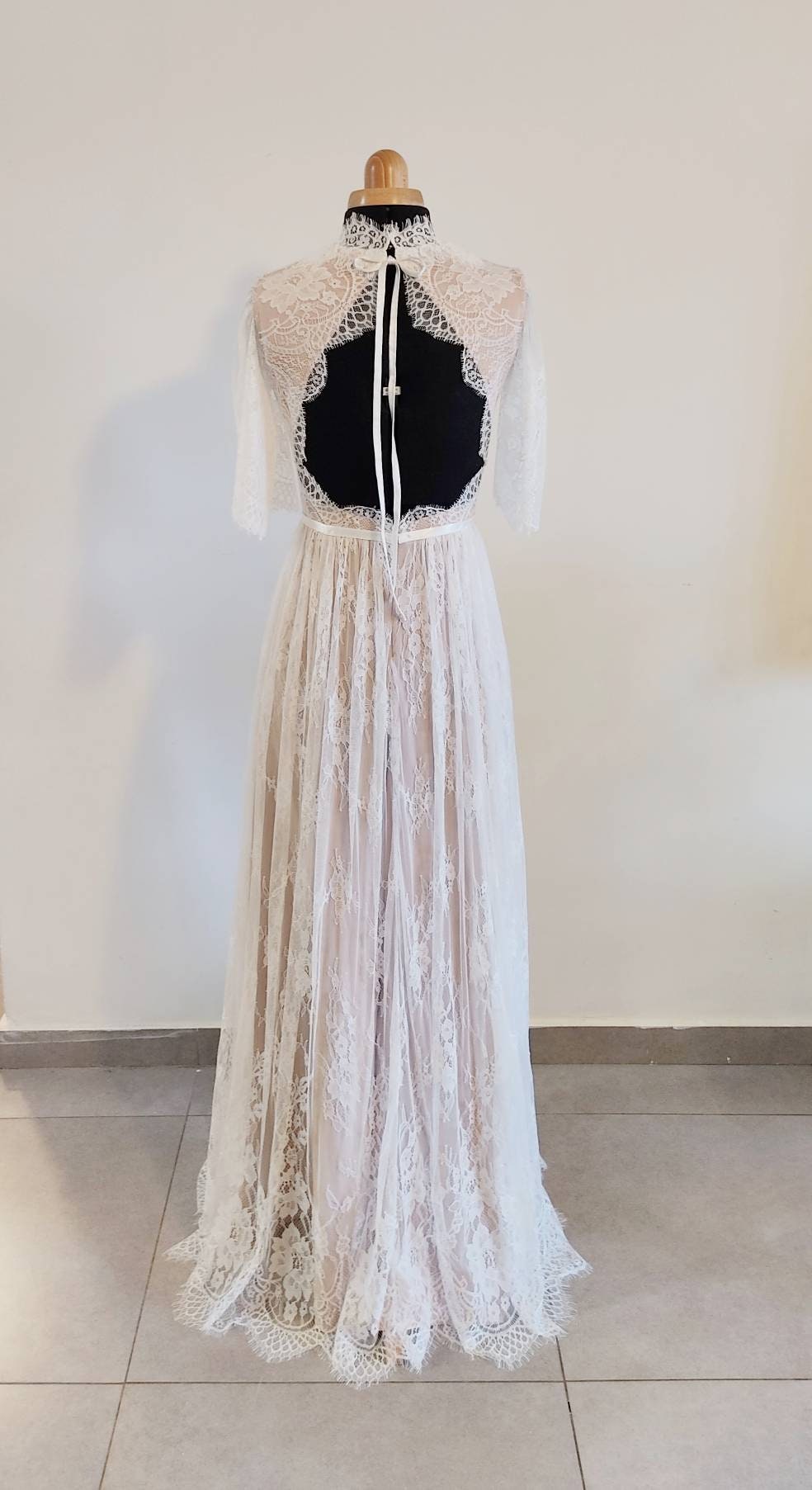 Astrid Gown — flutter sleeve vintage lace boho wedding dress, made to measure by Lace & Love (view 4)