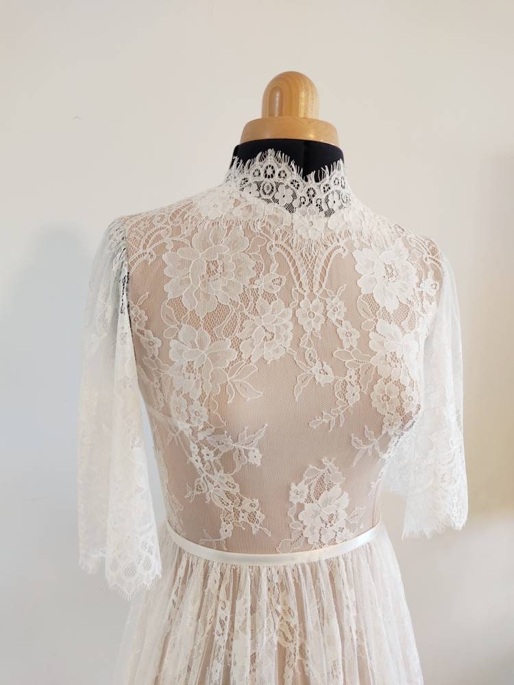 Astrid Gown — flutter sleeve vintage lace boho wedding dress, made to measure by Lace & Love (view 2)