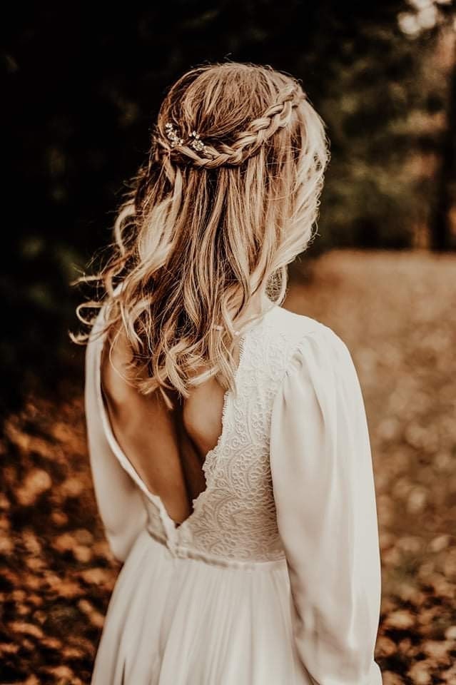 Leona Gown — long sleeve lace & chiffon boho wedding dress, made to measure by Lace & Love (view 3)