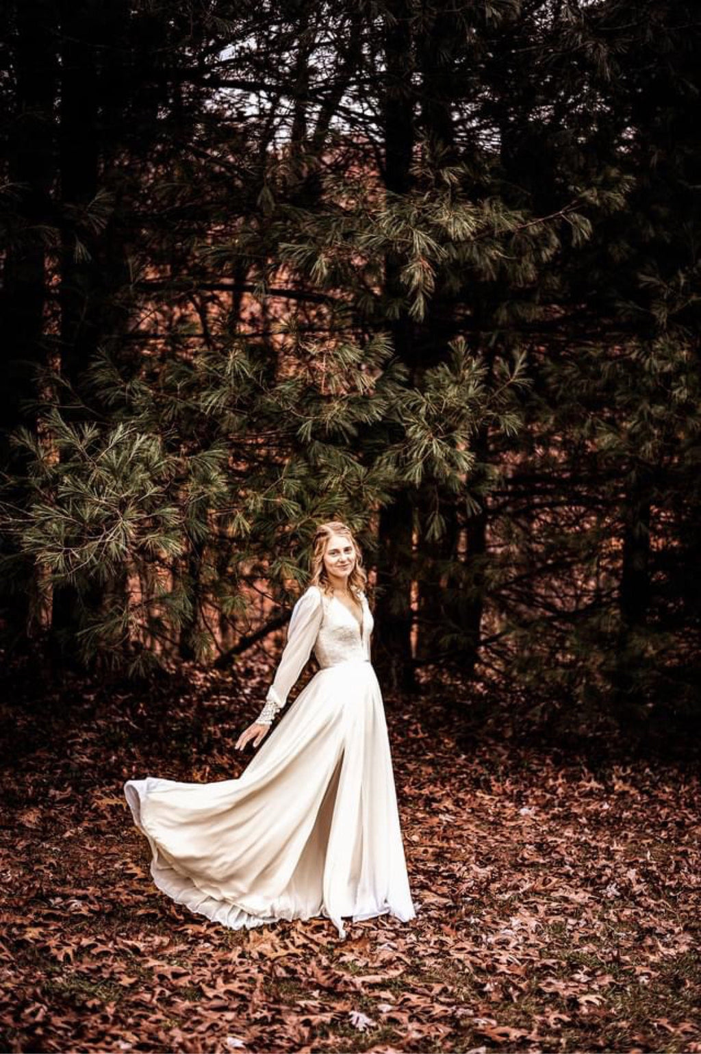 Leona Gown — long sleeve lace & chiffon boho wedding dress, made to measure by Lace & Love (view 2)