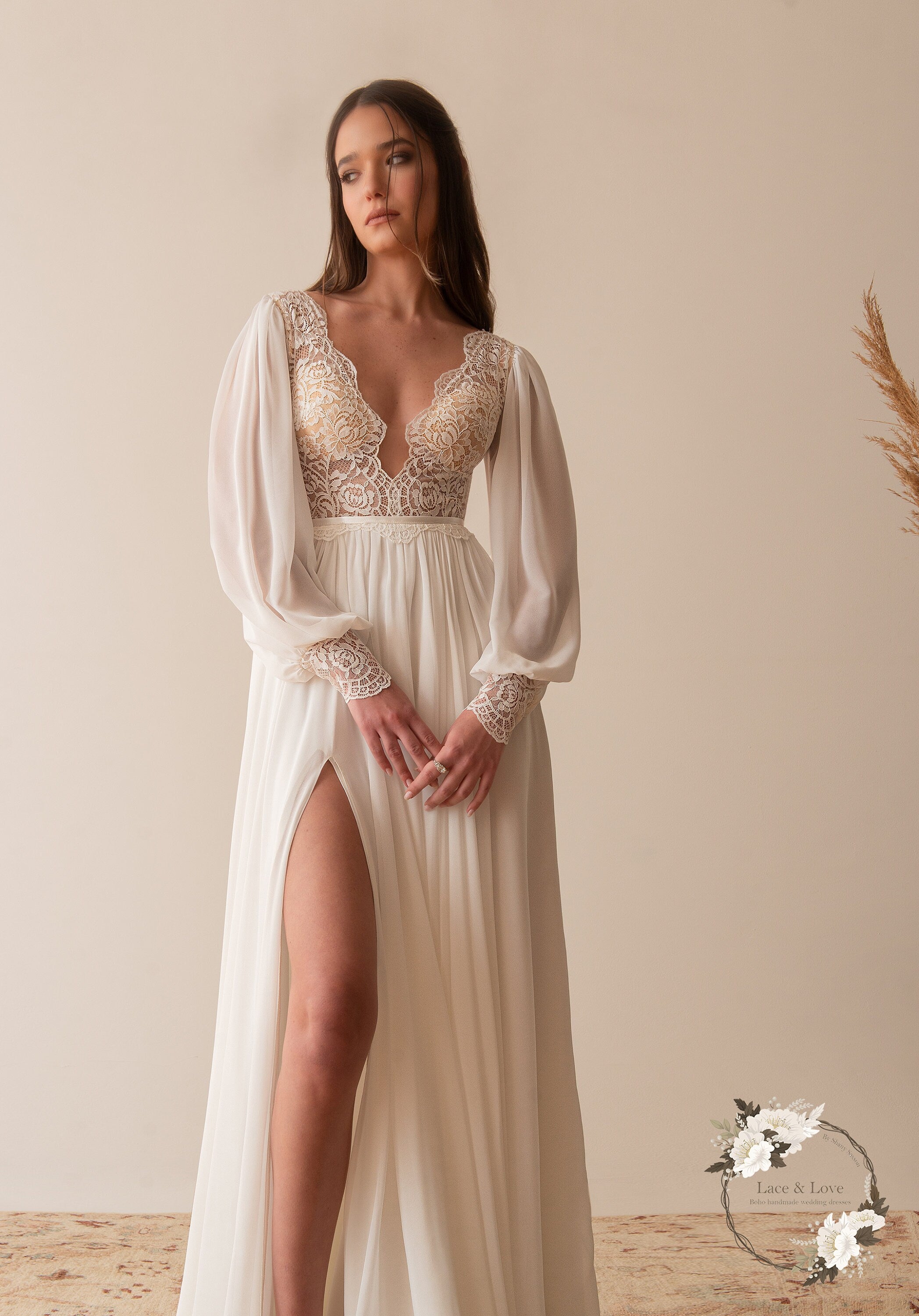 Isla Gown — long sleeve lace & chiffon boho wedding dress, made to measure by Lace & Love (view 5)