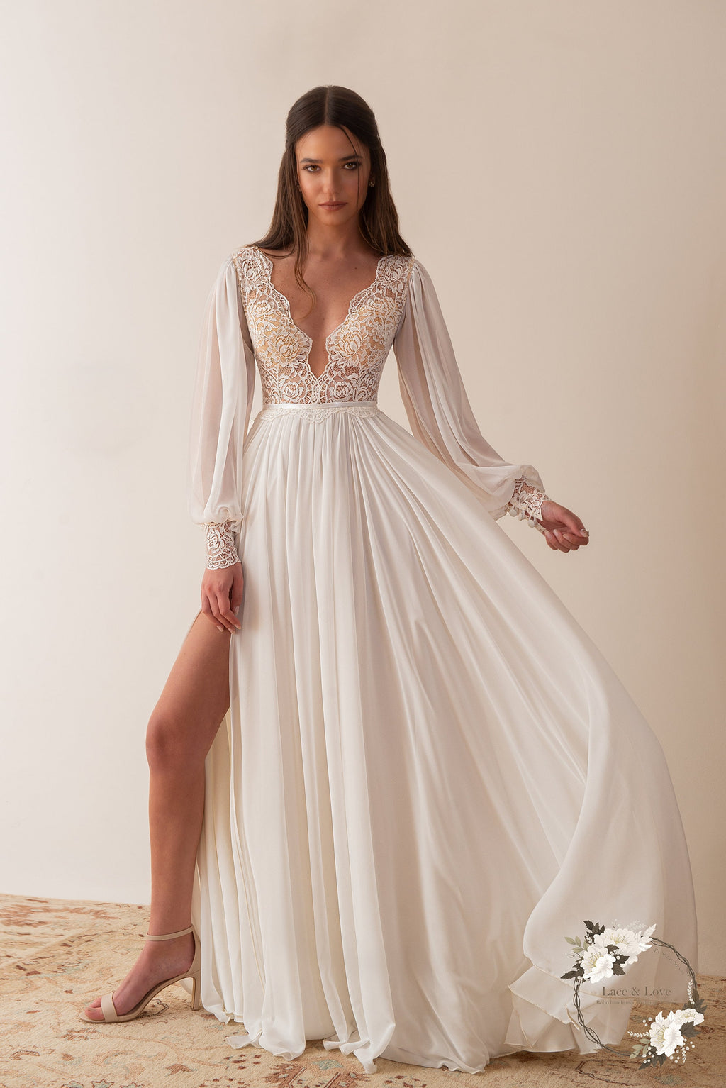 Opal Gown — long sleeve classic lace wedding dress, made to measure by Lace & Love (view 3)