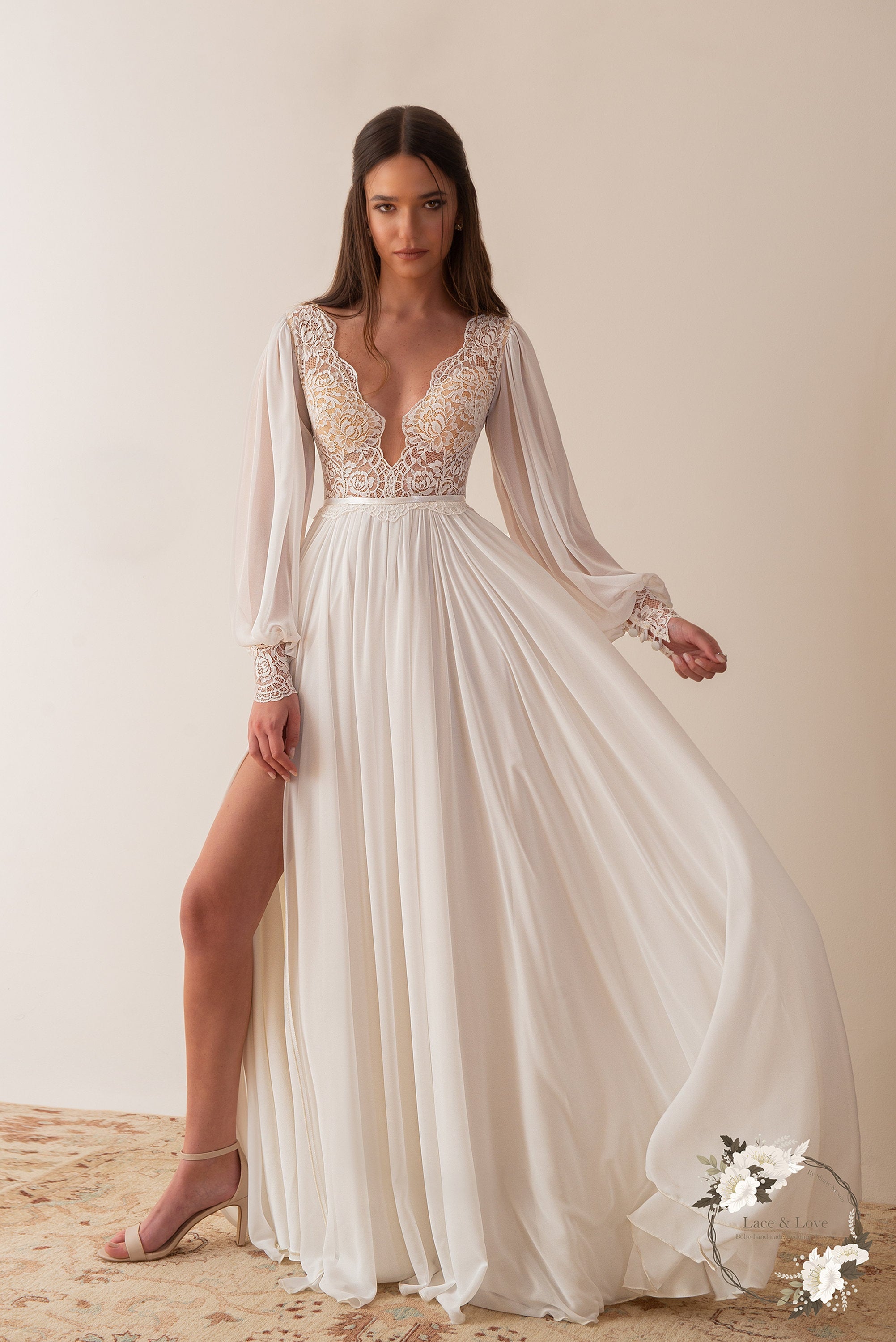 Opal Gown — long sleeve classic lace wedding dress, made to measure by Lace & Love (view 3)