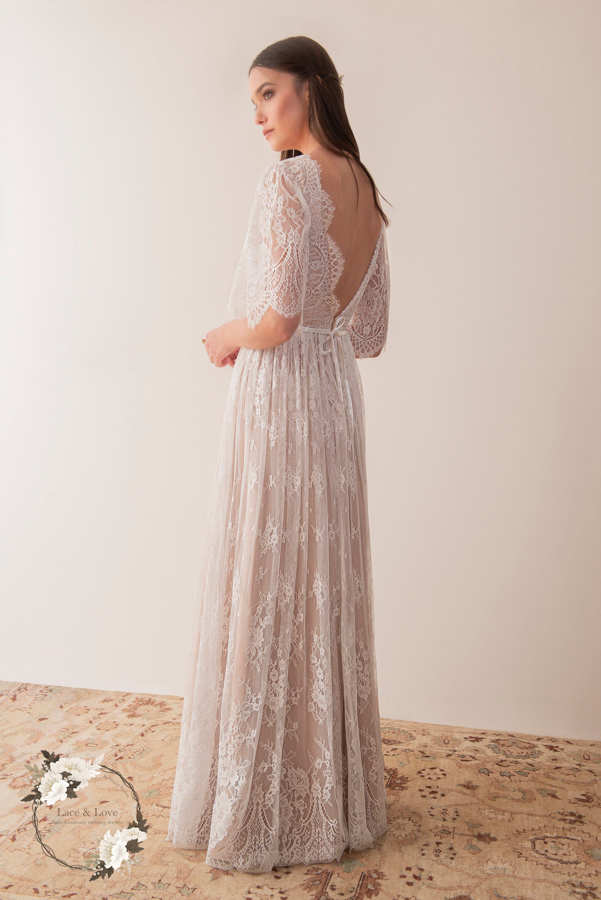Wren Gown — flutter sleeve vintage lace boho wedding dress, made to measure by Lace & Love (view 3)