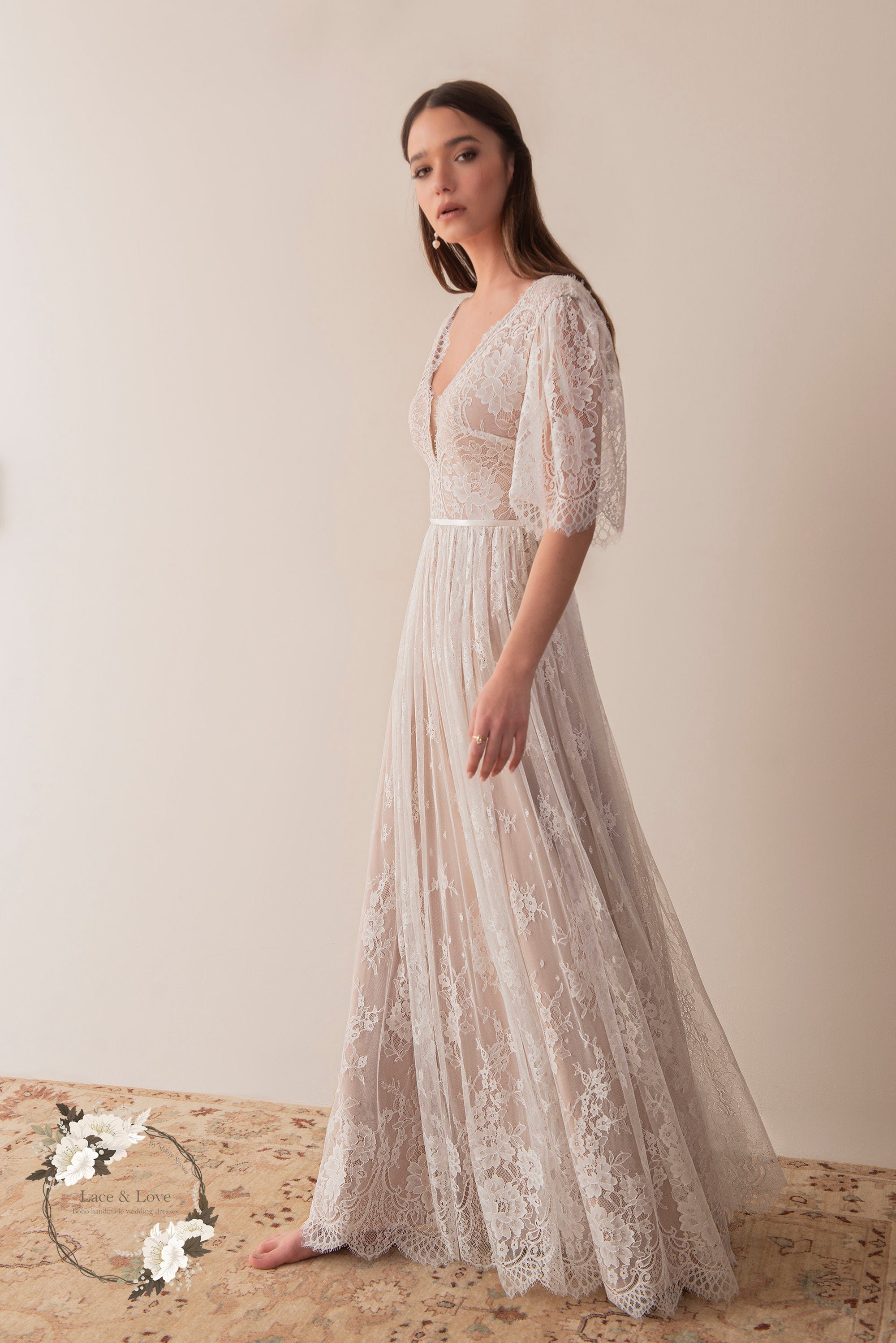 Wren Gown — flutter sleeve vintage lace boho wedding dress, made to measure by Lace & Love (view 5)