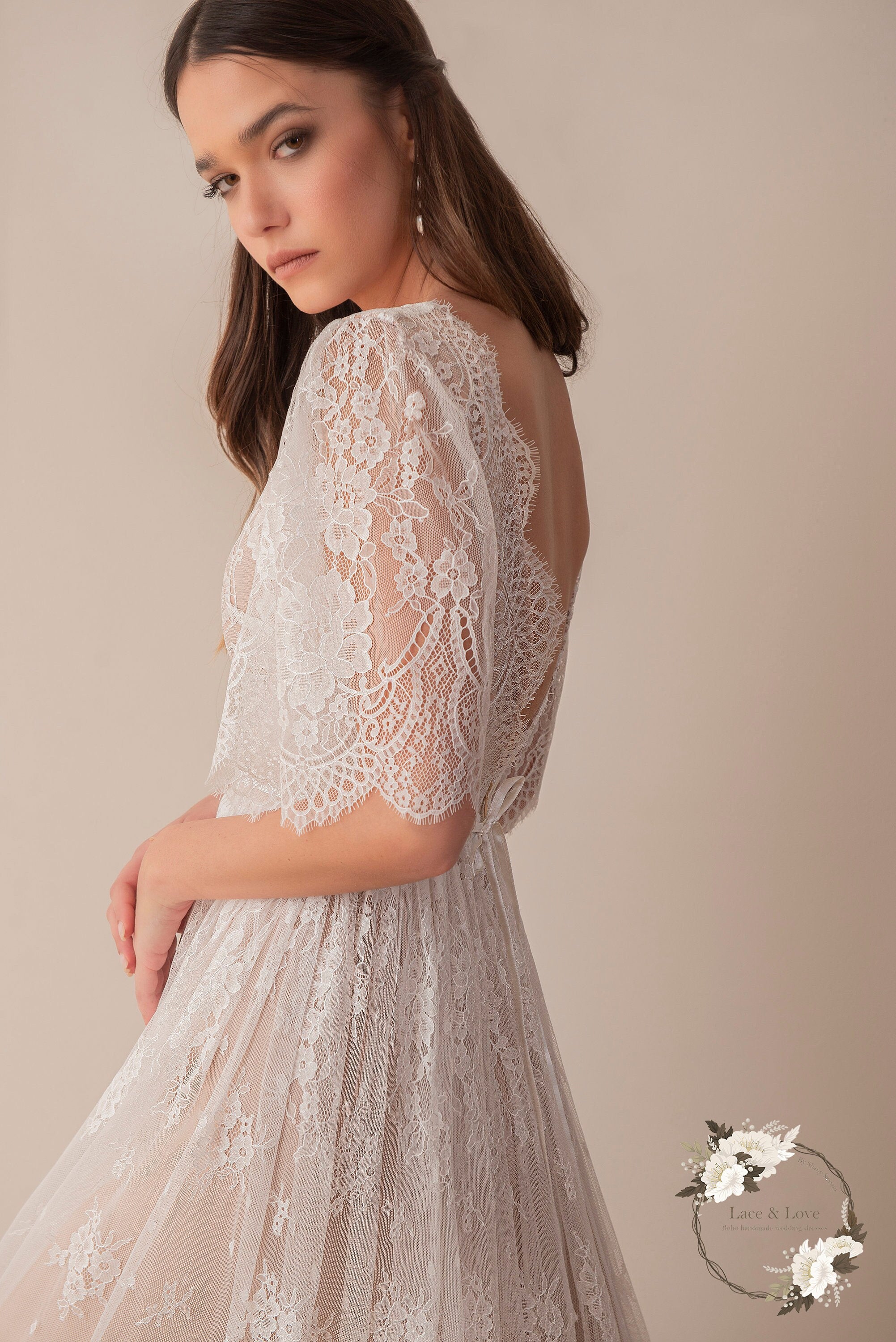Wren Gown — flutter sleeve vintage lace boho wedding dress, made to measure by Lace & Love (view 1)