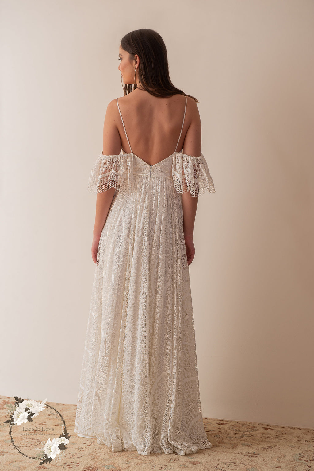 Daphne Gown — flutter sleeve chiffon & lace beach wedding dress, made to measure by Lace & Love (view 6)