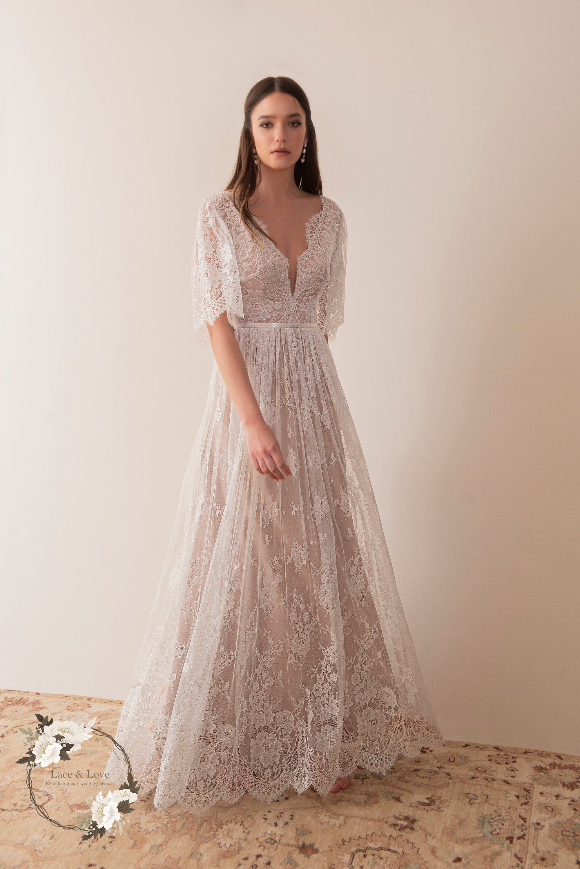 Wren Gown — flutter sleeve vintage lace boho wedding dress, made to measure by Lace & Love (view 2)