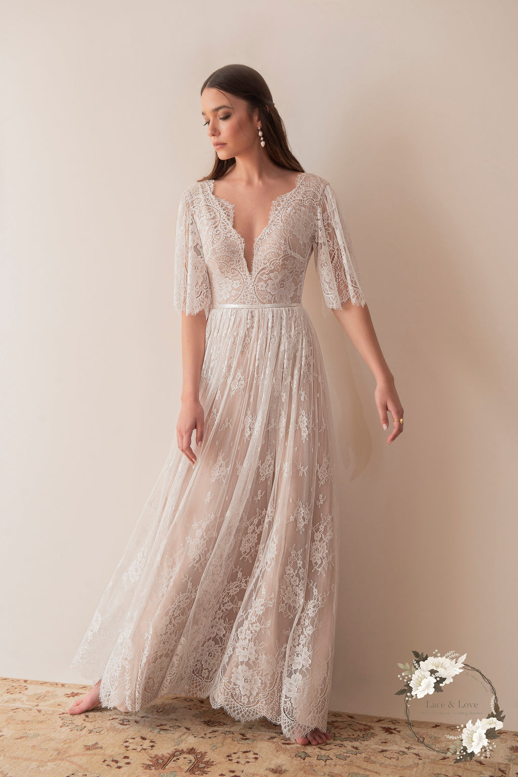 Wren Gown — flutter sleeve vintage lace boho wedding dress, made to measure by Lace & Love (view 4)