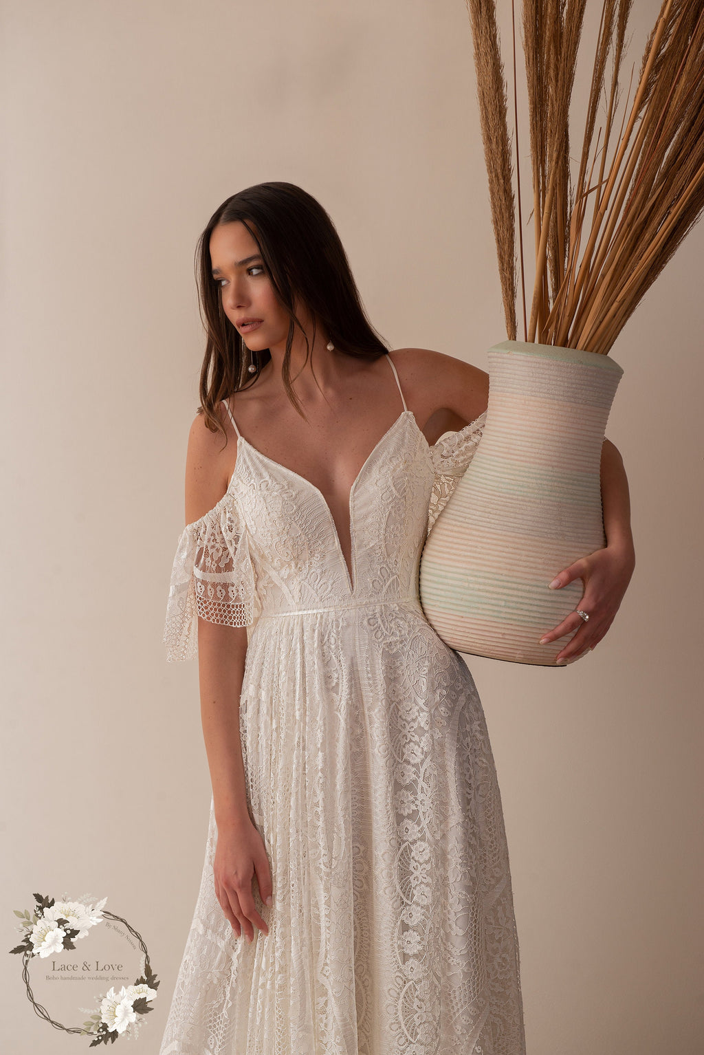 Noelle Gown — short sleeve chiffon & lace beach wedding dress, made to measure by Lace & Love (view 2)