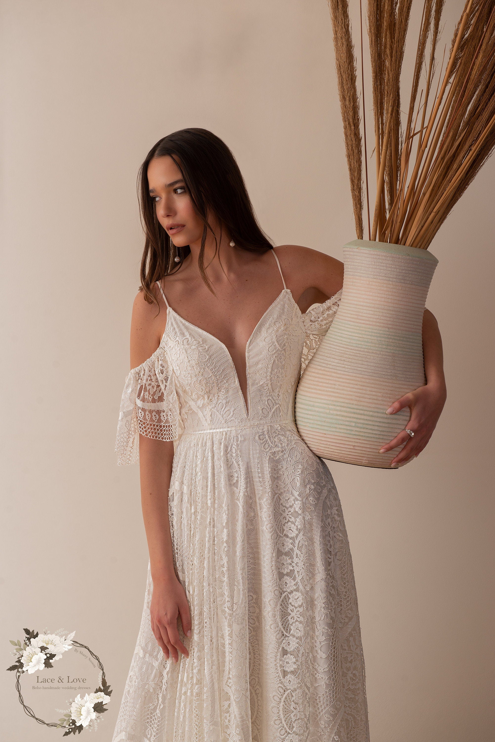 Noelle Gown — short sleeve chiffon & lace beach wedding dress, made to measure by Lace & Love (view 2)