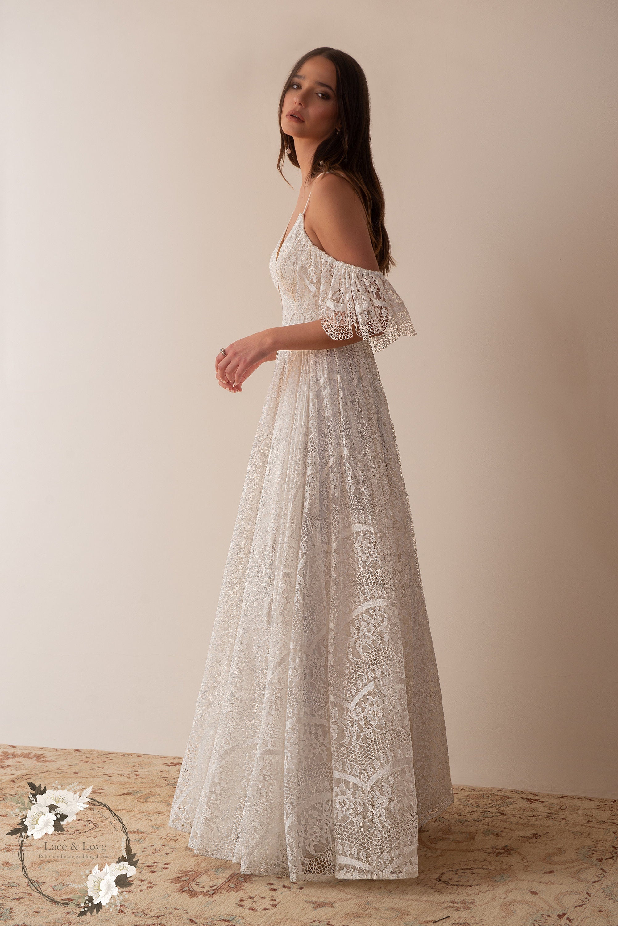 Noelle Gown — short sleeve chiffon & lace beach wedding dress, made to measure by Lace & Love (view 3)