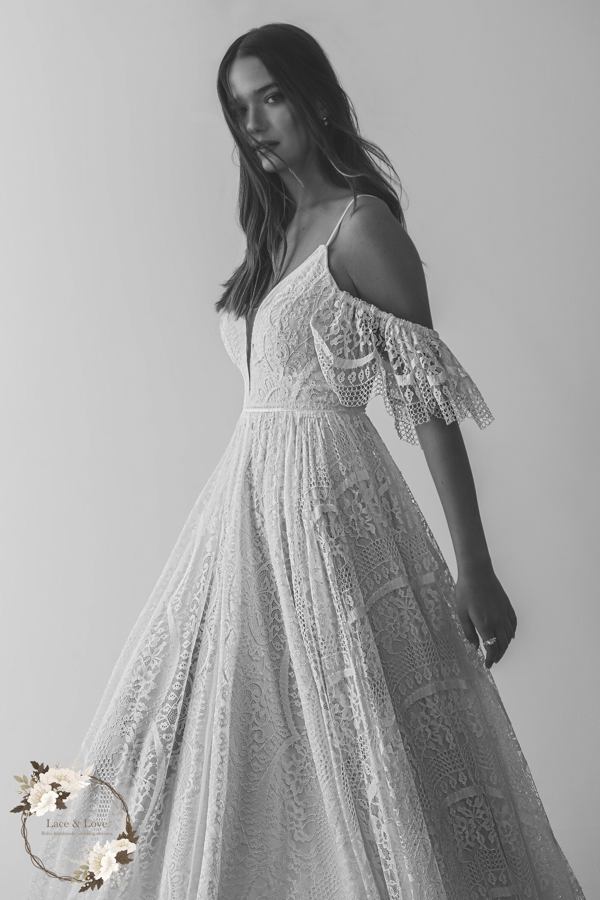 Noelle Gown — short sleeve chiffon & lace beach wedding dress, made to measure by Lace & Love (view 5)