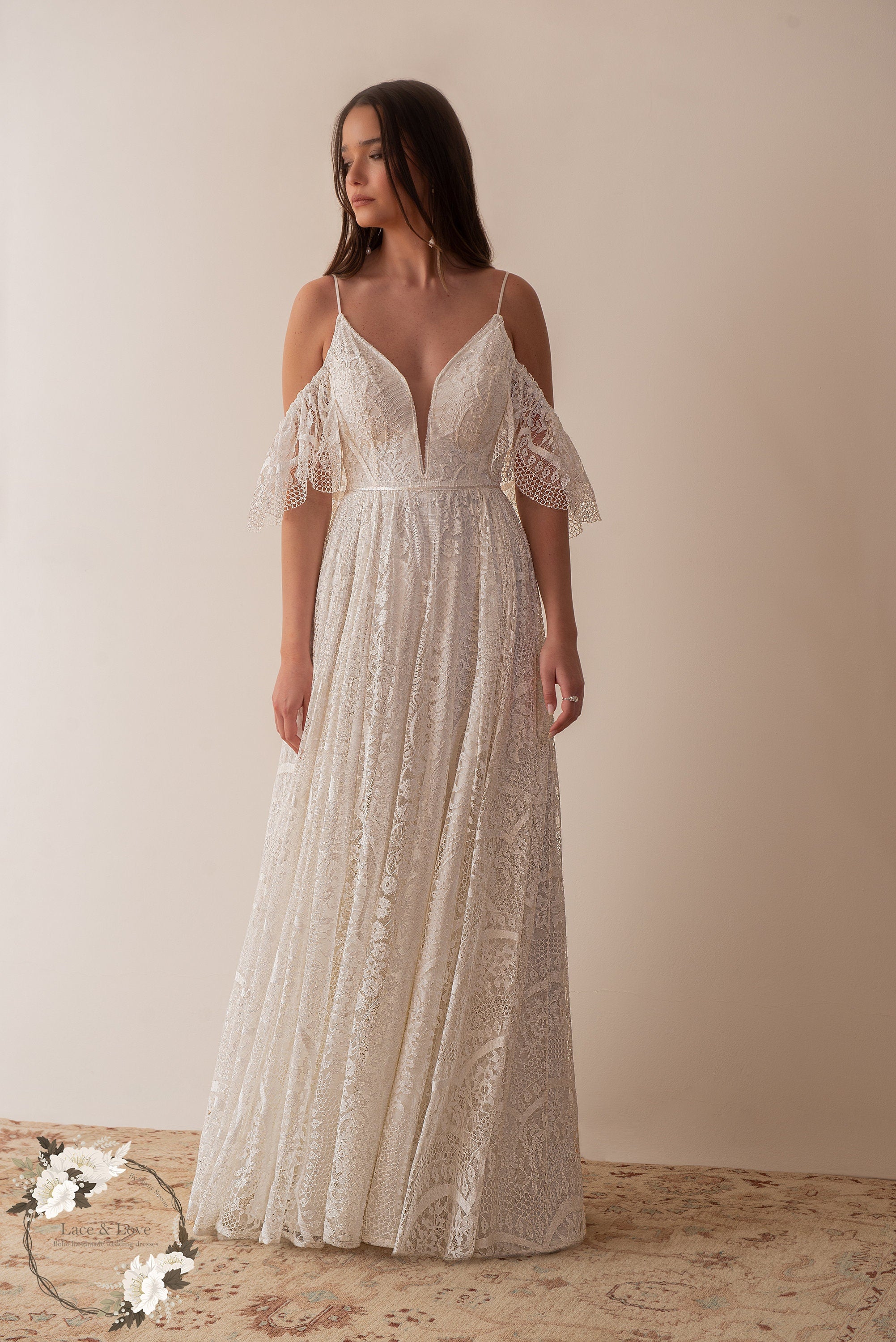 Daphne Gown — flutter sleeve chiffon & lace beach wedding dress, made to measure by Lace & Love (view 5)
