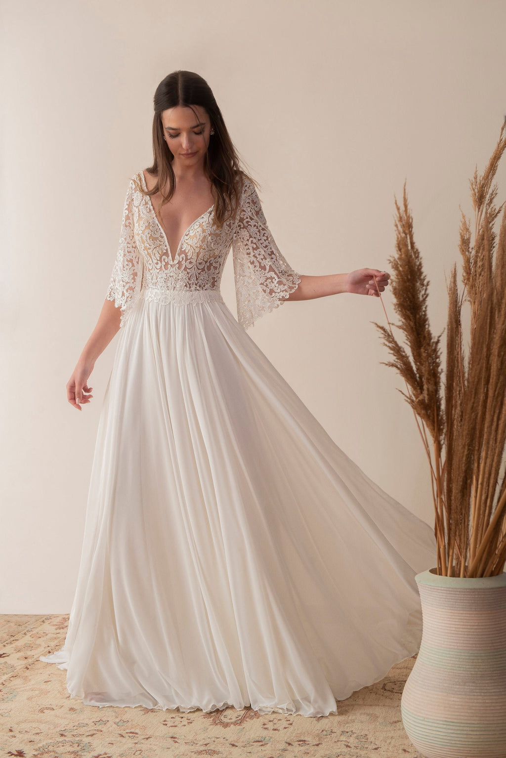 Mira Gown — flutter sleeve vintage lace boho wedding dress, made to measure by Lace & Love (view 4)
