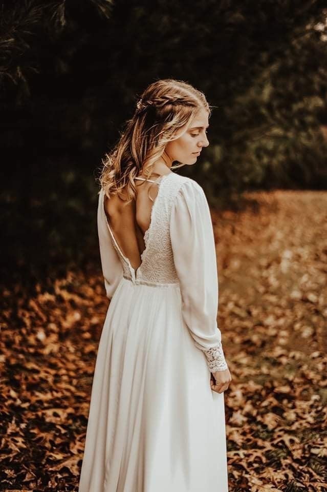 Leona Gown — long sleeve lace & chiffon boho wedding dress, made to measure by Lace & Love (view 1)