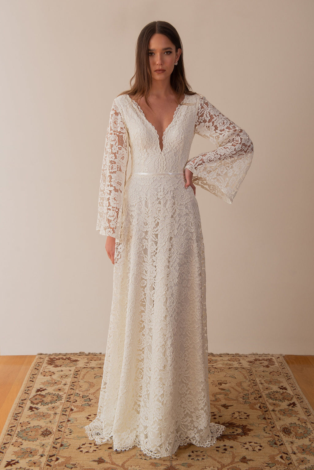 Pearl Gown — flutter sleeve vintage lace boho wedding dress, made to measure by Lace & Love (view 2)