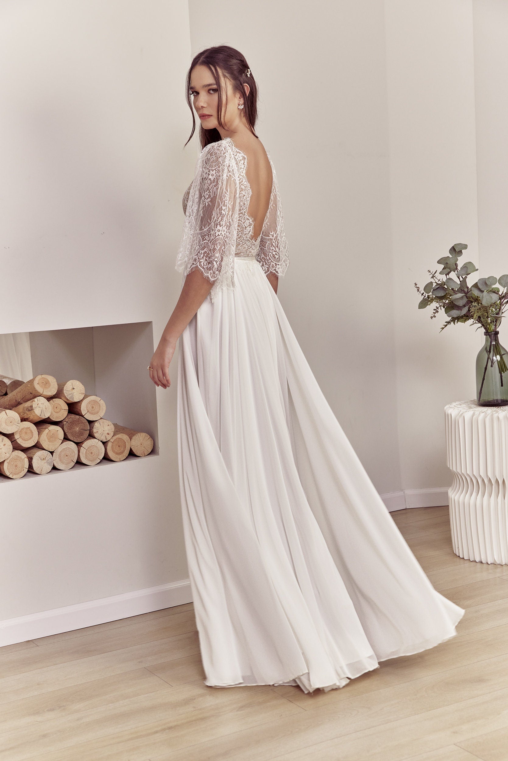 Hazel Gown — short sleeve lace & chiffon boho wedding dress, made to measure by Lace & Love (view 3)