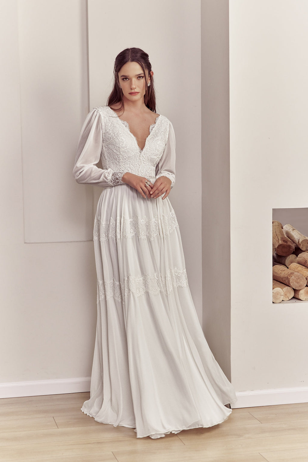 Amelie Gown — long sleeve lace & chiffon boho wedding dress, made to measure by Lace & Love (view 3)