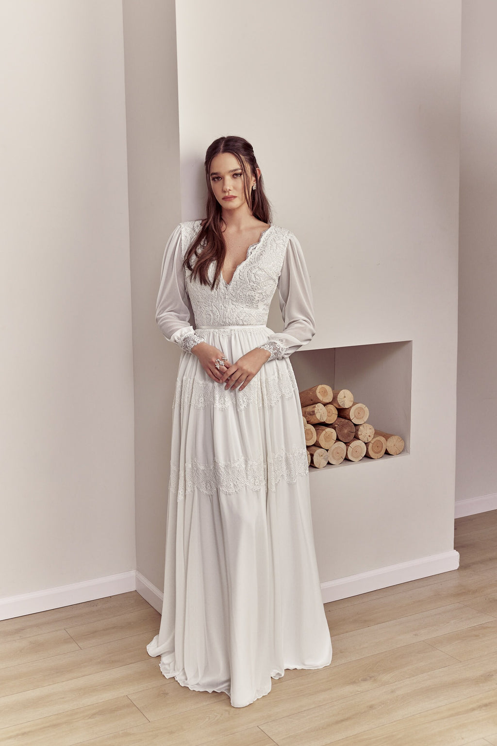 Amelie Gown — long sleeve lace & chiffon boho wedding dress, made to measure by Lace & Love (view 4)
