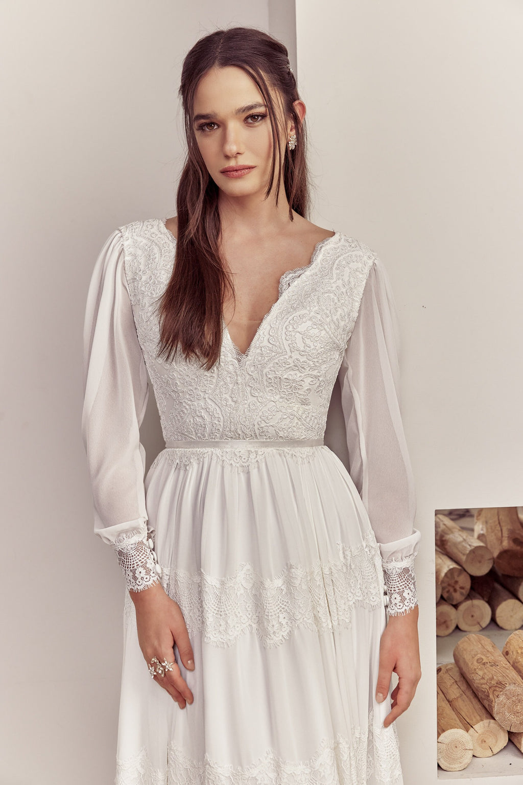 Amelie Gown — long sleeve lace & chiffon boho wedding dress, made to measure by Lace & Love (view 2)