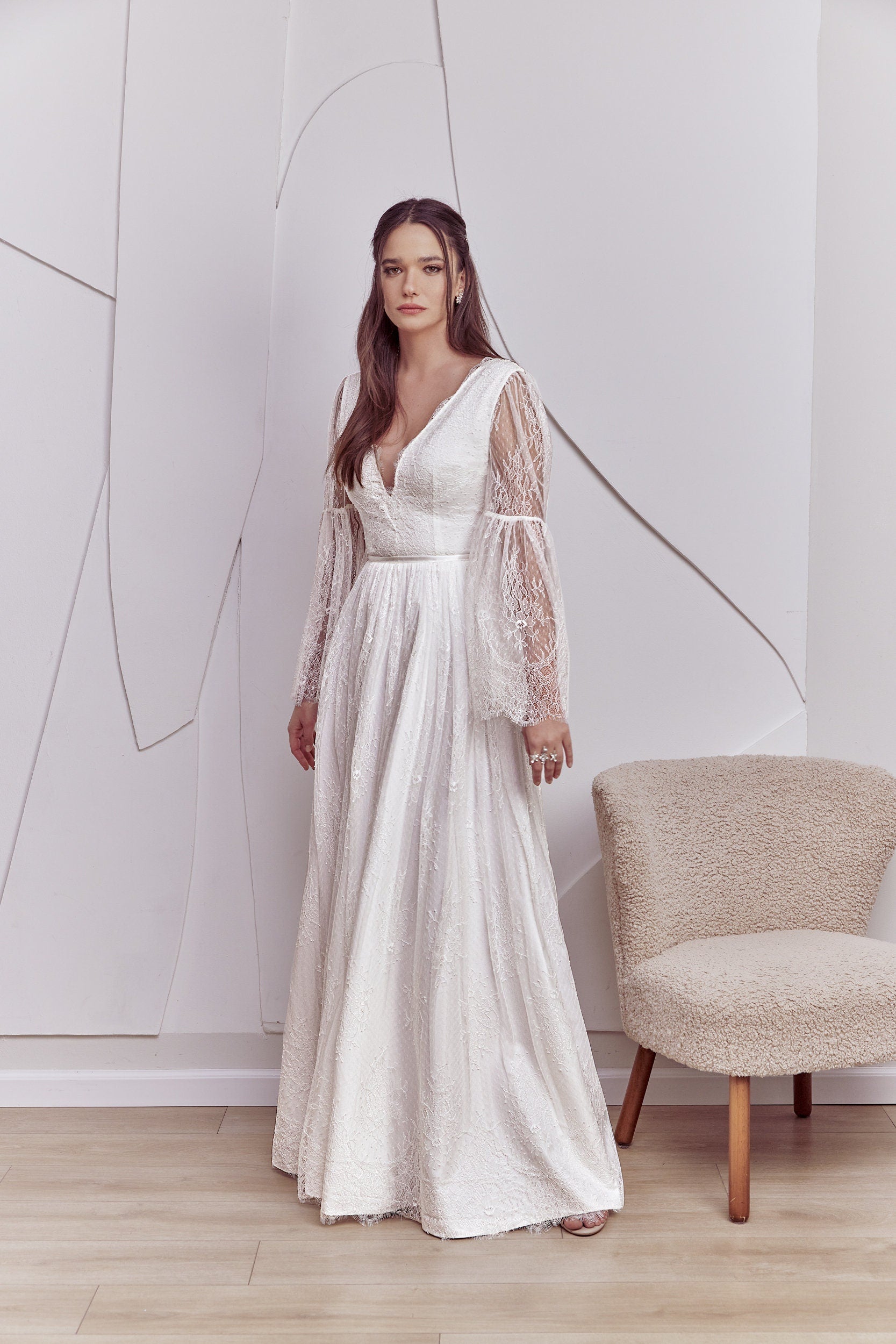 Celine Gown — long sleeve vintage lace boho wedding dress, made to measure by Lace & Love (view 2)