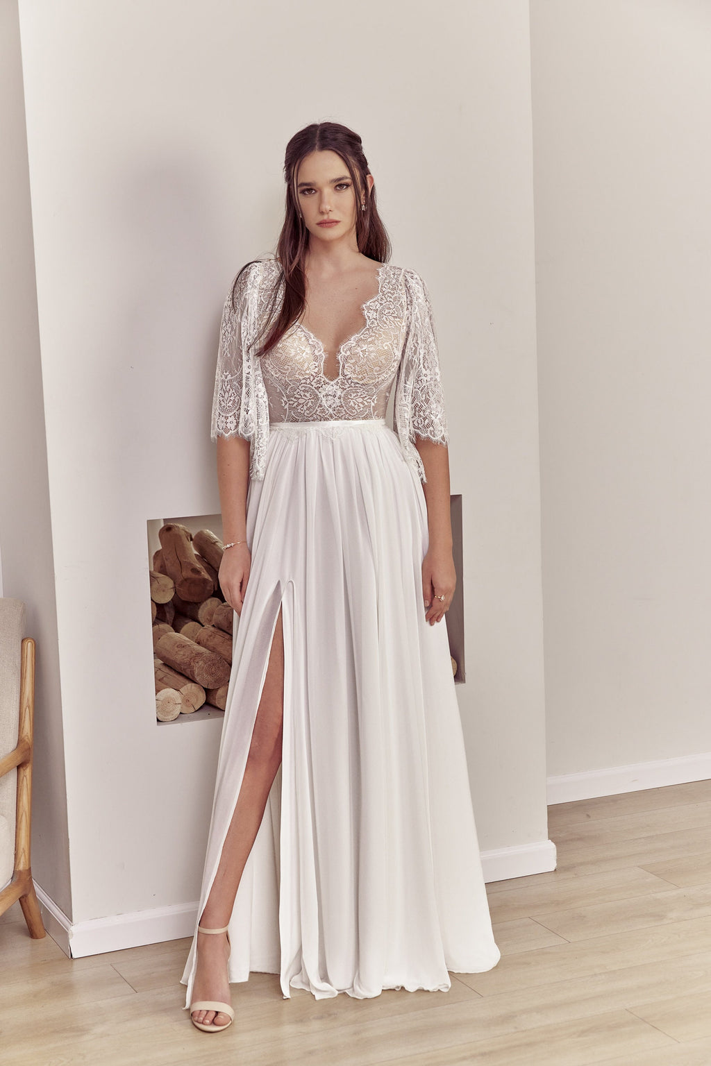 Hazel Gown — short sleeve lace & chiffon boho wedding dress, made to measure by Lace & Love (view 2)