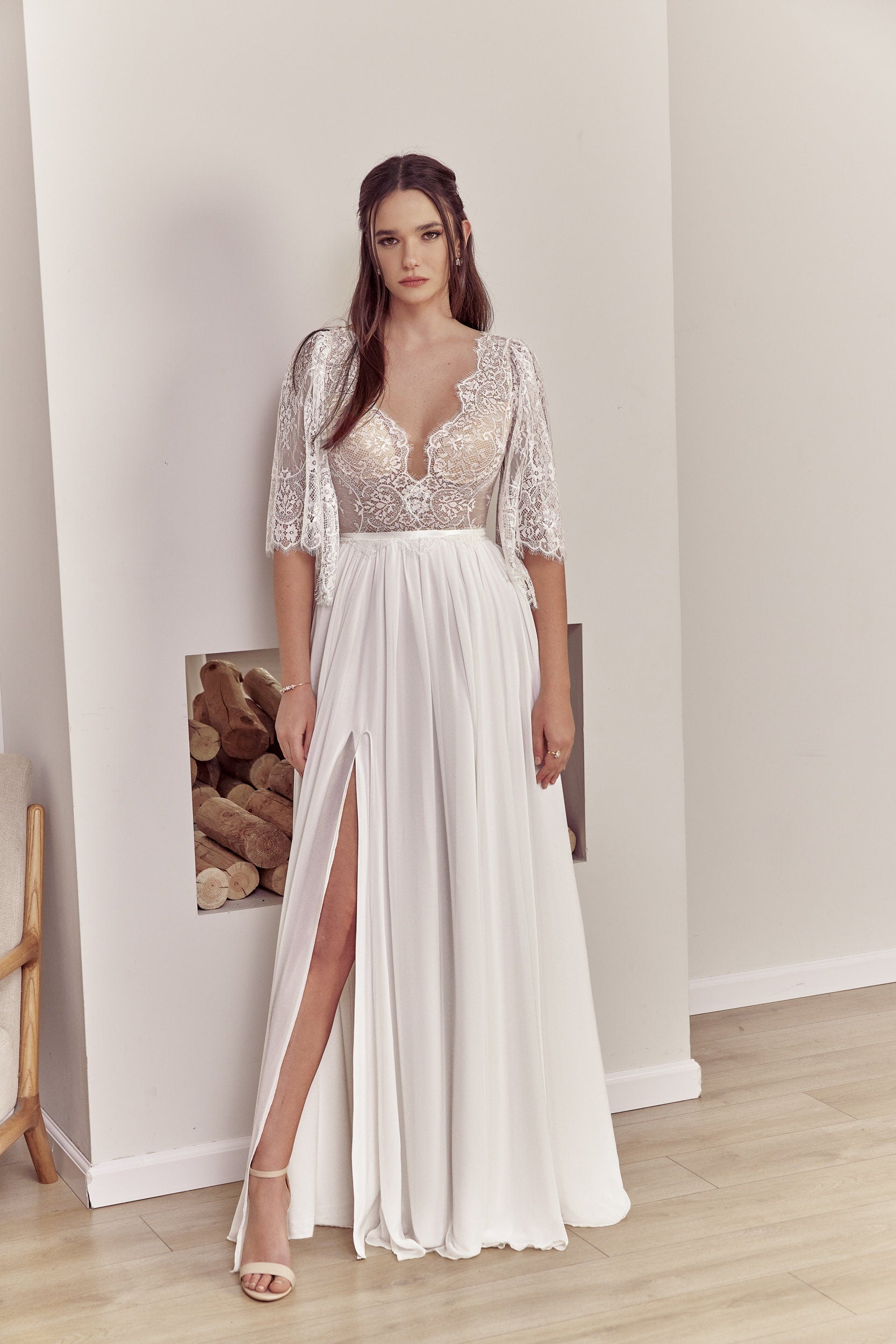 Hazel Gown — short sleeve lace & chiffon boho wedding dress, made to measure by Lace & Love (view 2)