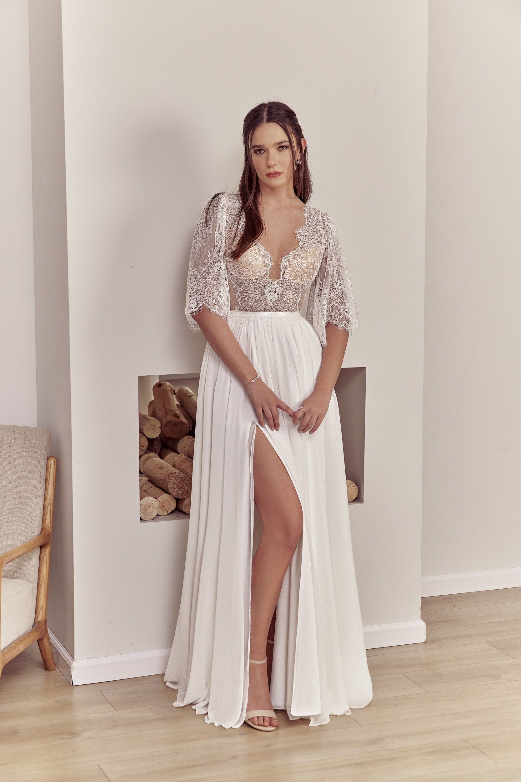 Hazel Gown — short sleeve lace & chiffon boho wedding dress, made to measure by Lace & Love (view 4)