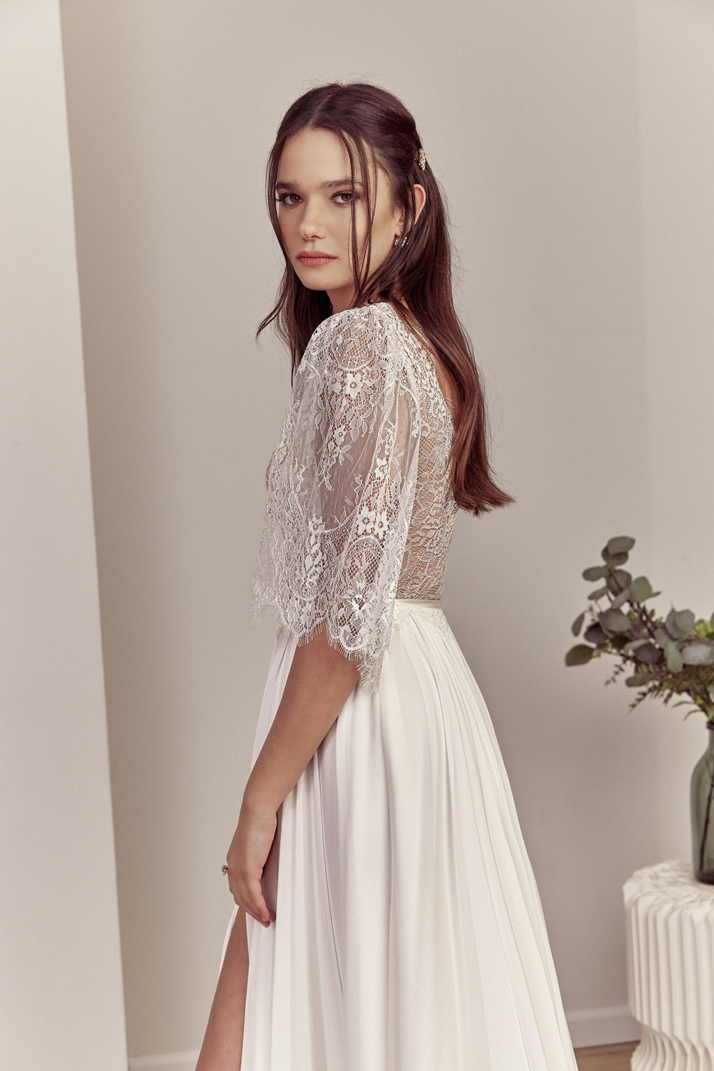 Hazel Gown — short sleeve lace & chiffon boho wedding dress, made to measure by Lace & Love (view 1)
