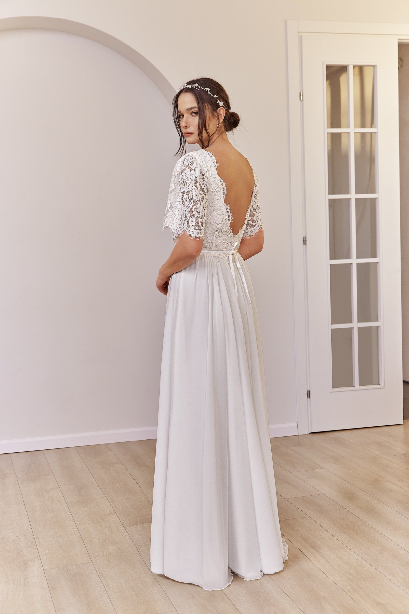 Rosalie Gown — short sleeve lace & chiffon boho wedding dress, made to measure by Lace & Love (view 2)