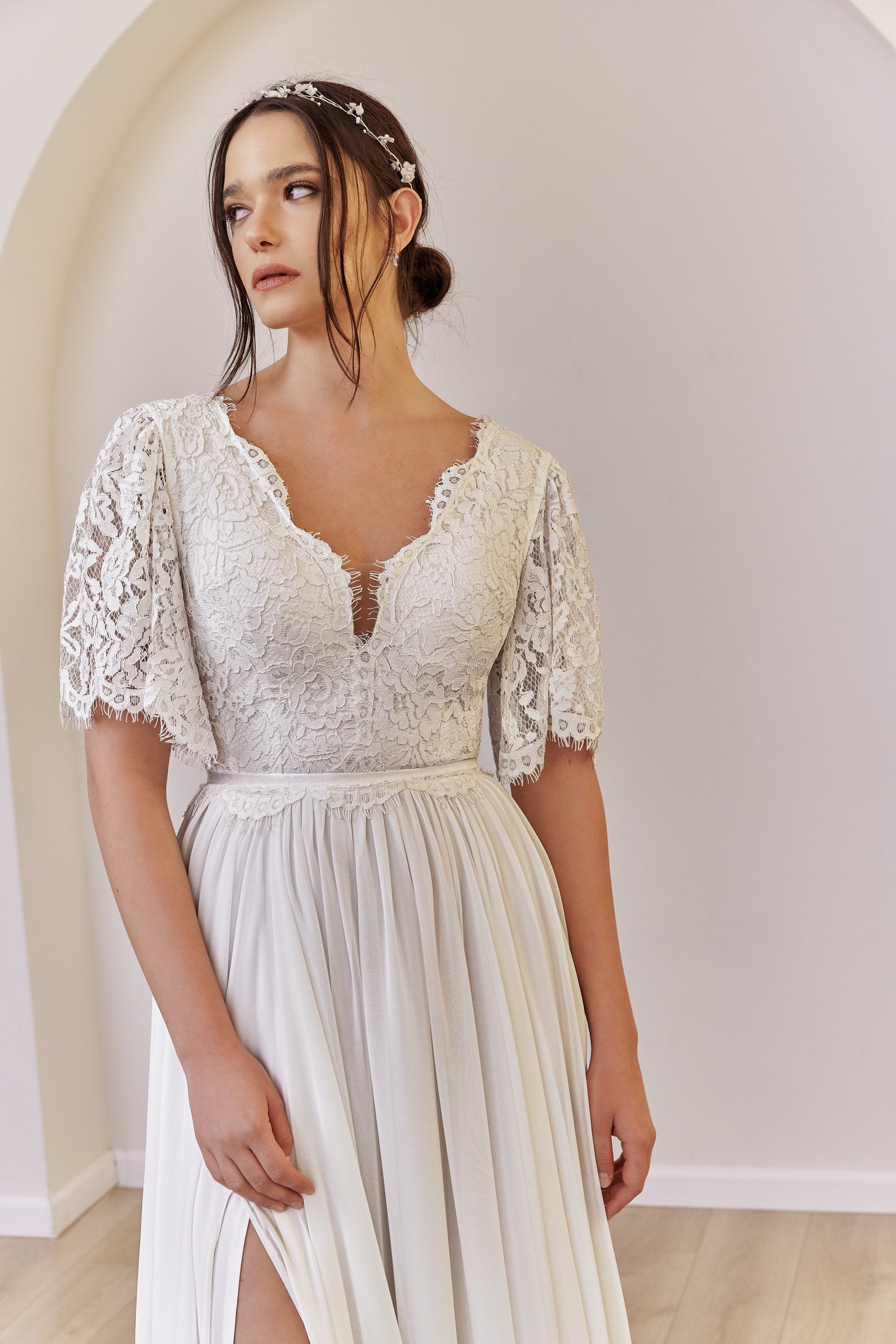 Rosalie Gown — short sleeve lace & chiffon boho wedding dress, made to measure by Lace & Love (view 3)