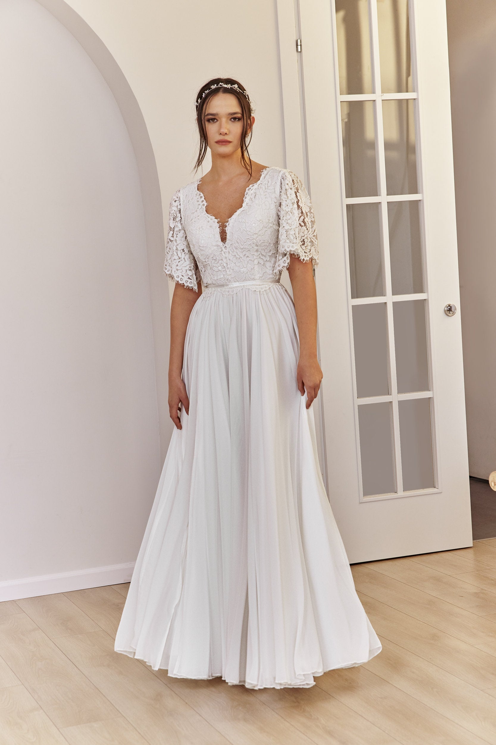 Rosalie Gown — short sleeve lace & chiffon boho wedding dress, made to measure by Lace & Love (view 4)