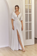 Rosalie Gown — short sleeve lace & chiffon boho wedding dress, made to measure by Lace & Love (view 1)