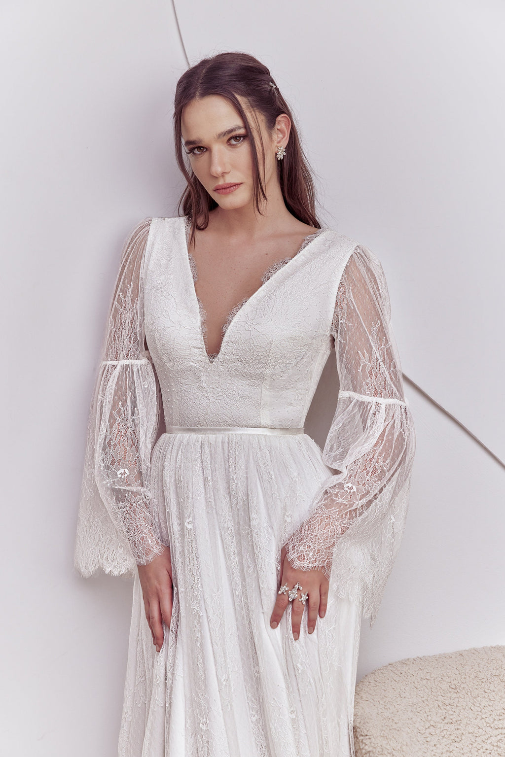 Celine Gown — long sleeve vintage lace boho wedding dress, made to measure by Lace & Love (view 3)