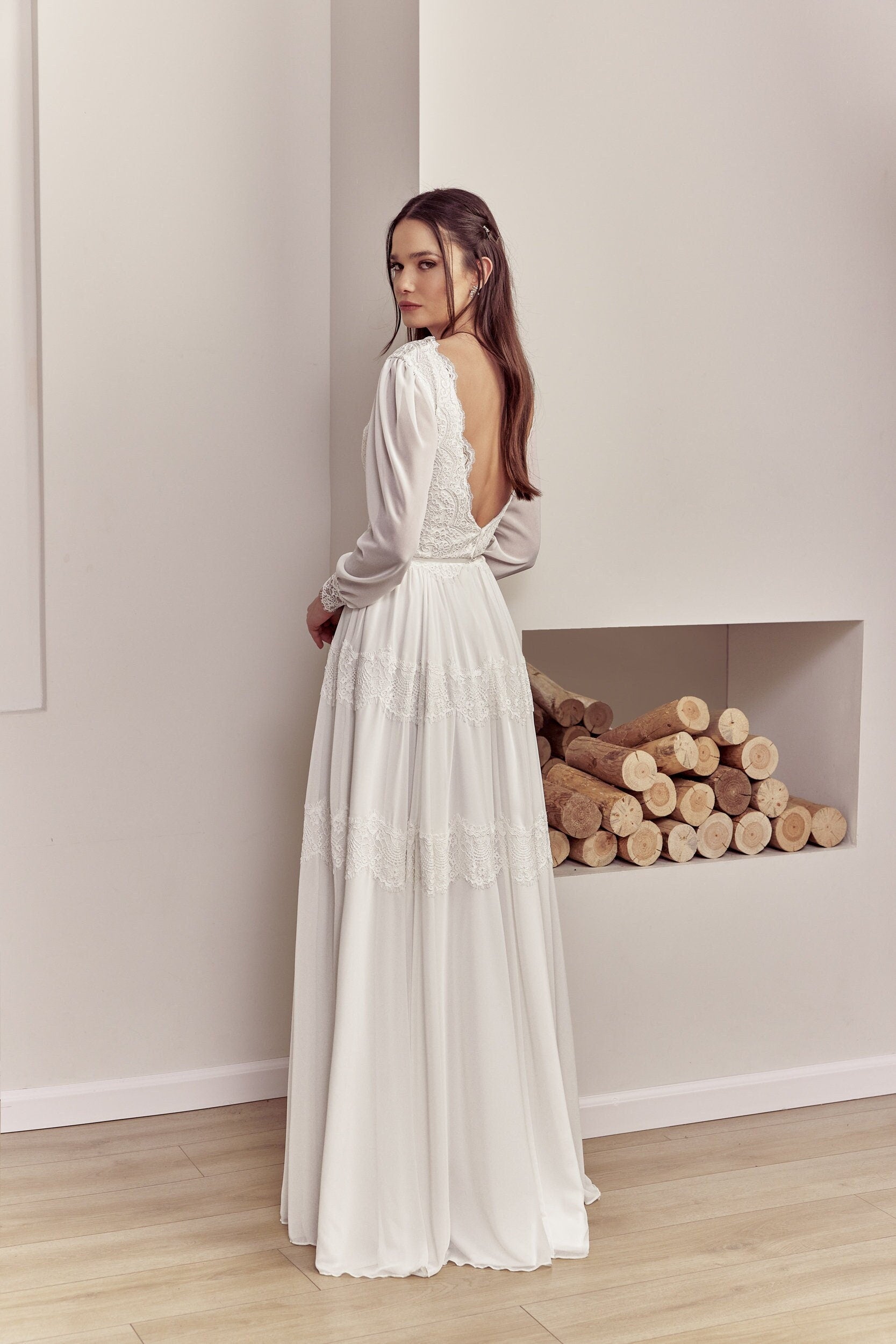 Amelie Gown — long sleeve lace & chiffon boho wedding dress, made to measure by Lace & Love (view 1)