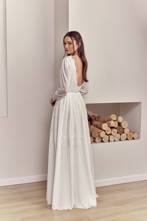 Amelie Gown — long sleeve lace & chiffon boho wedding dress, made to measure by Lace & Love (view 1)