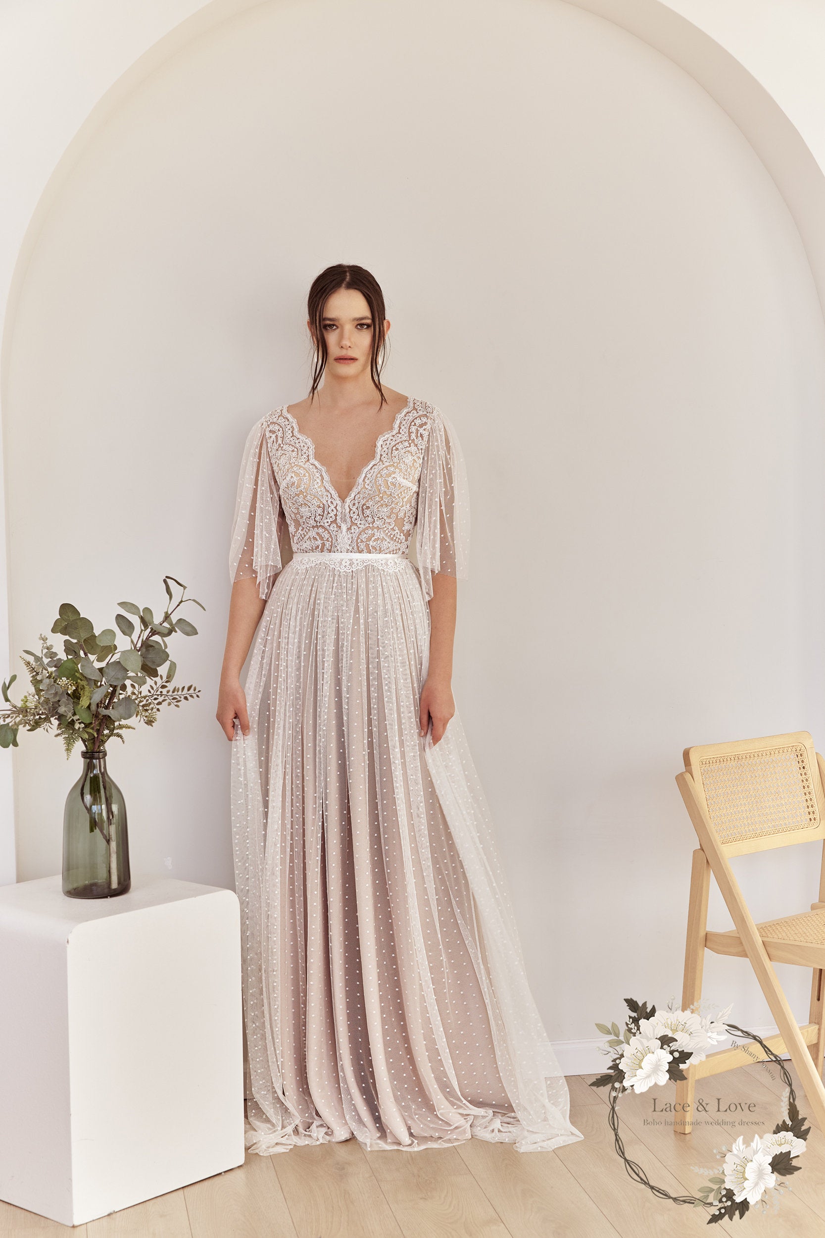 Freya Gown — flutter sleeve vintage lace boho wedding dress, made to measure by Lace & Love (view 6)