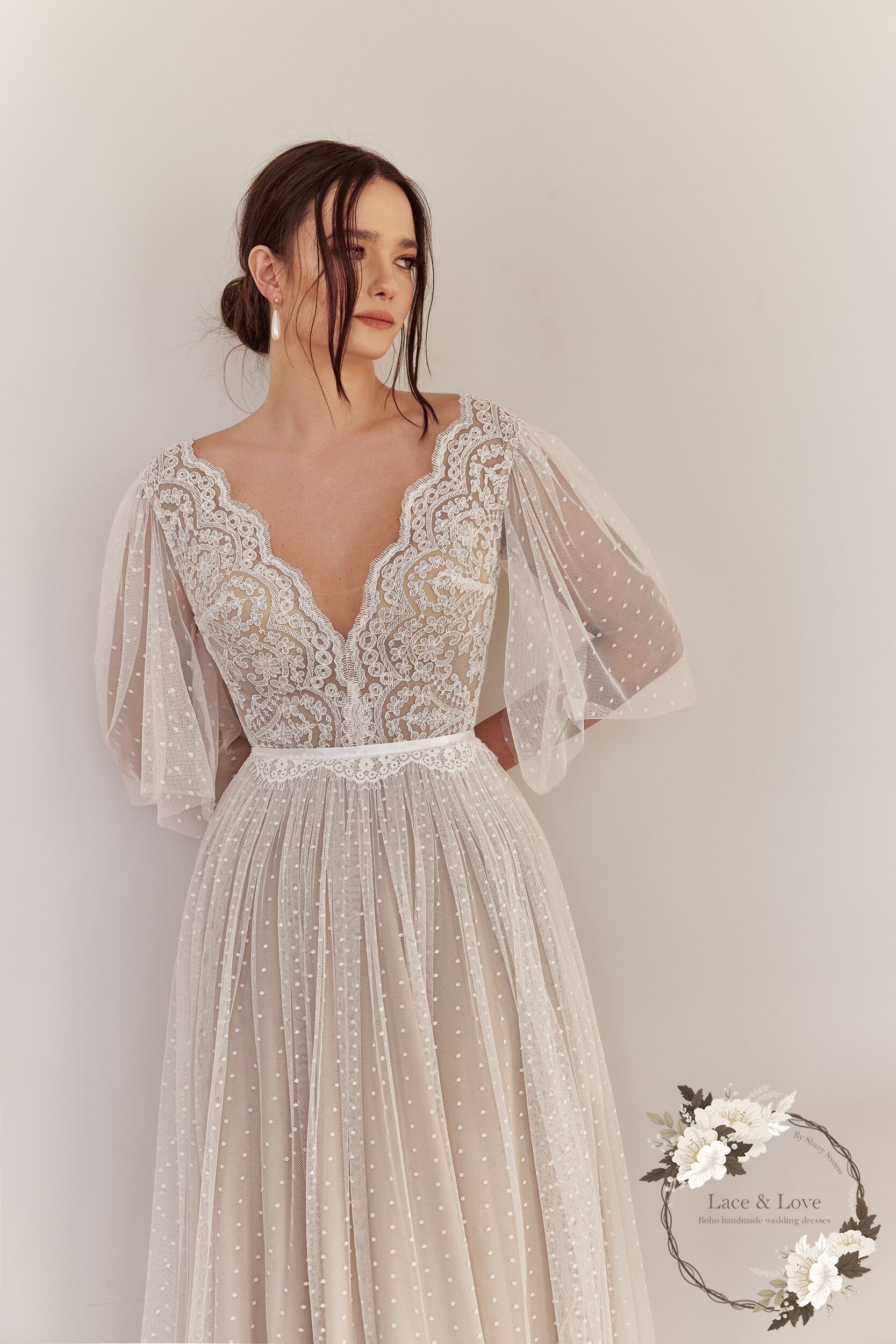Freya Gown — flutter sleeve vintage lace boho wedding dress, made to measure by Lace & Love (view 2)