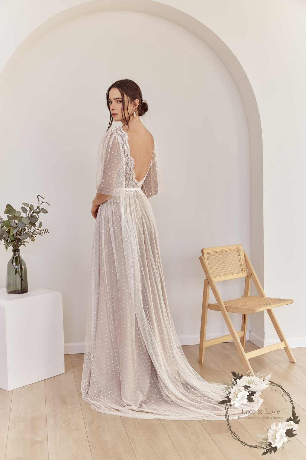 Freya Gown — flutter sleeve vintage lace boho wedding dress, made to measure by Lace & Love (view 4)