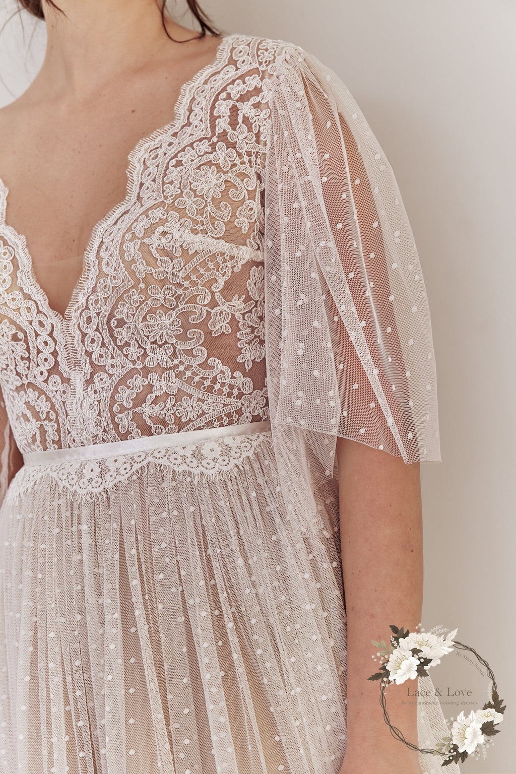 Freya Gown — flutter sleeve vintage lace boho wedding dress, made to measure by Lace & Love (view 5)