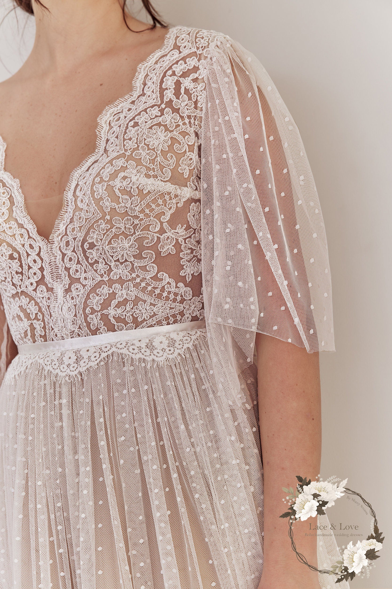 Freya Gown — flutter sleeve vintage lace boho wedding dress, made to measure by Lace & Love (view 5)