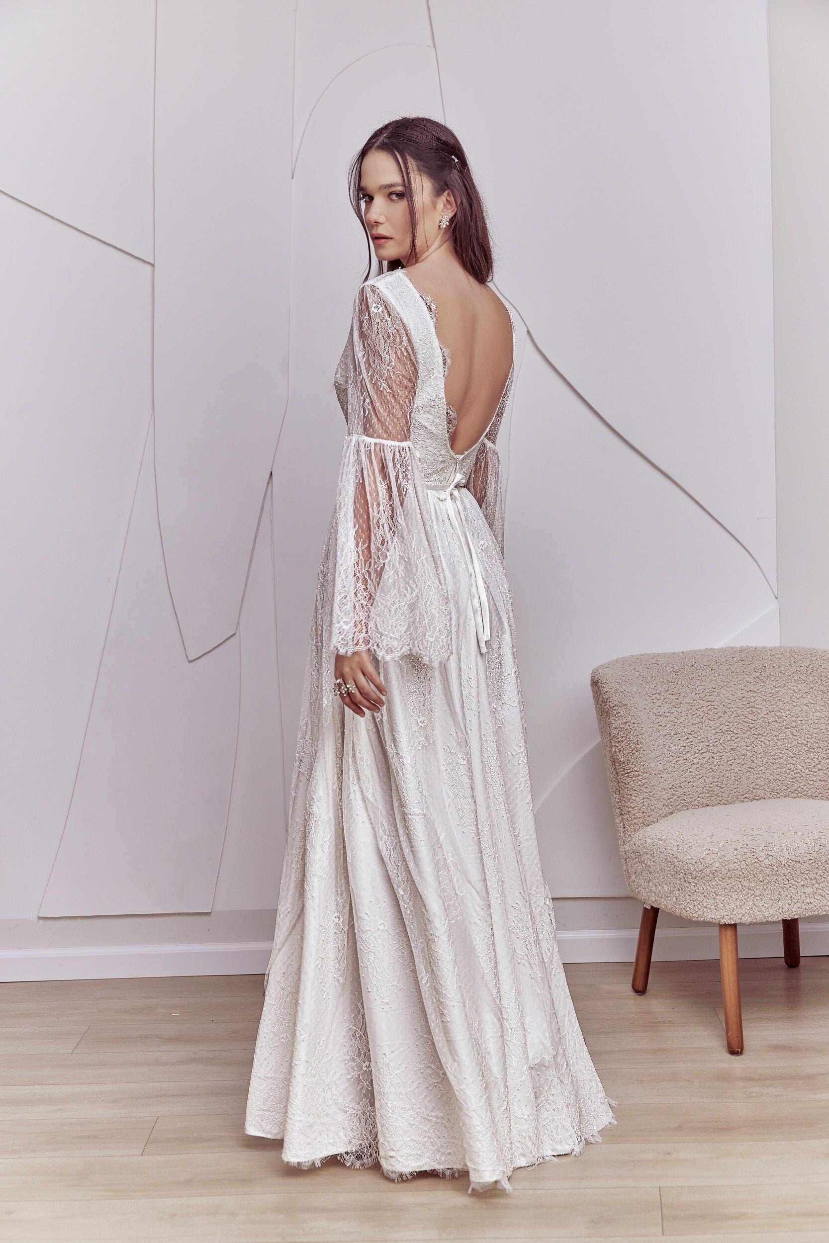 Celine Gown — long sleeve vintage lace boho wedding dress, made to measure by Lace & Love (view 1)
